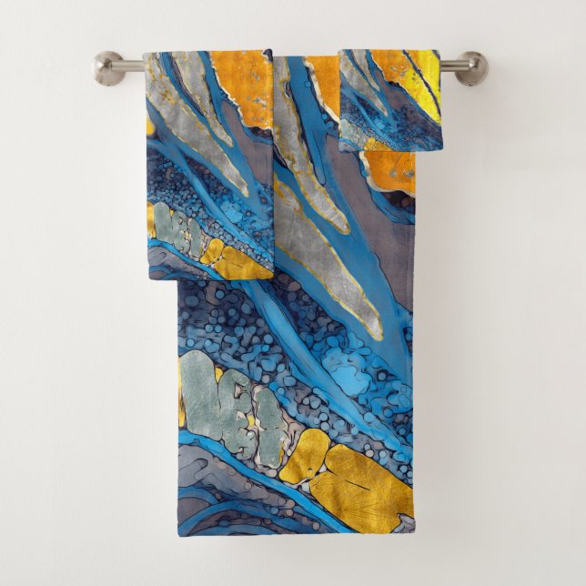 Abstract painting, stripes, gold, silver, blue bath towel set (Insitu)
