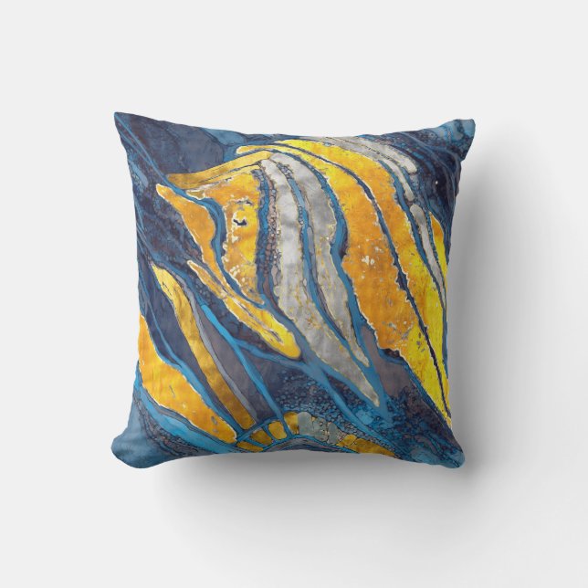 Abstract painting, stripes, gold, silver, blue cushion (Front)