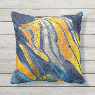 Abstract painting, stripes, gold, silver, blue cushion