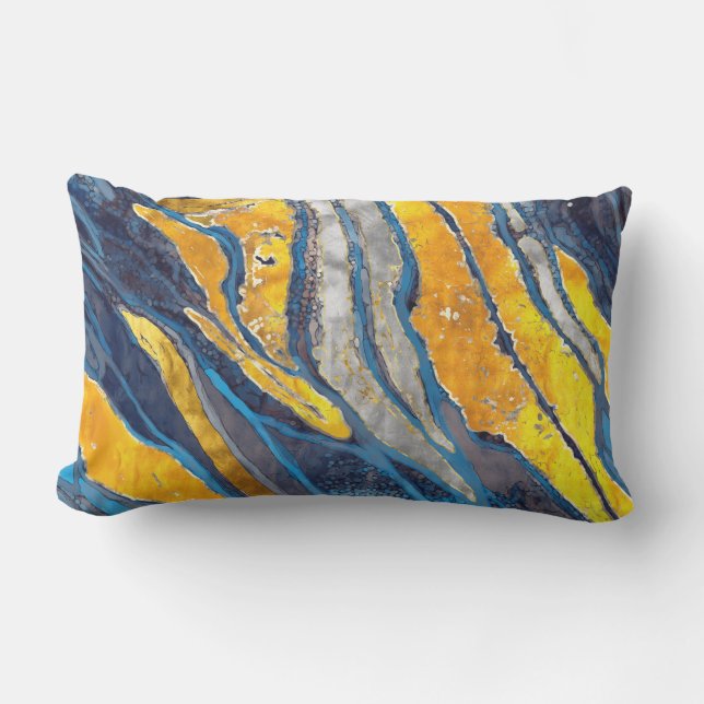 Abstract painting, stripes, gold, silver, blue lumbar cushion (Front)