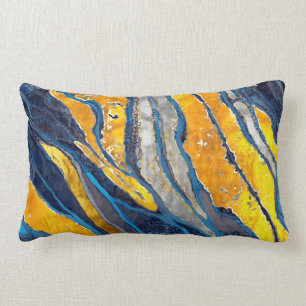 Abstract painting, stripes, gold, silver, blue lumbar cushion