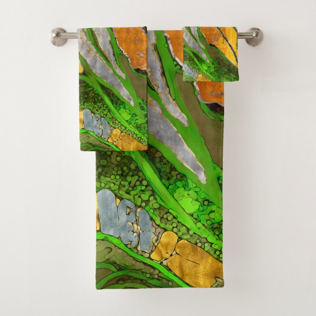 Abstract painting, stripes, gold, silver, green bath towel set (Insitu)