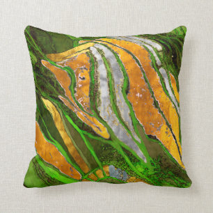 Abstract painting, stripes, gold, silver, green cushion
