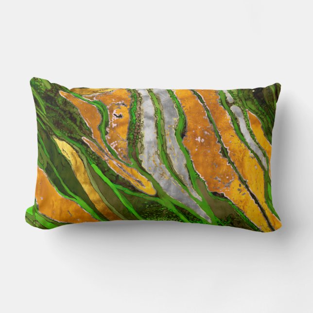 Abstract painting, stripes, gold, silver, green lumbar cushion (Front)