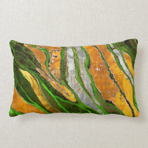 Abstract painting, stripes, gold, silver, green lumbar cushion