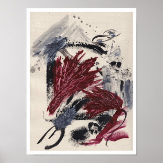 Abstract painting with layered black, gray, red poster