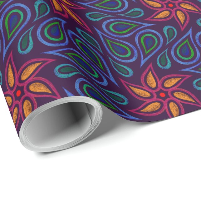 Abstract paisley flowers colourful drawing pattern wrapping paper (Roll Corner)