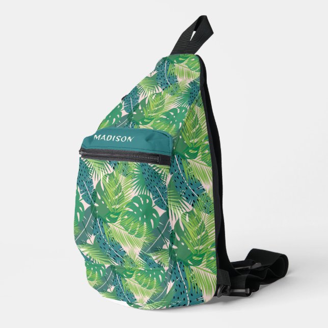 Abstract Palm Leaf Pattern custom name Sling Bag (Right Corner)