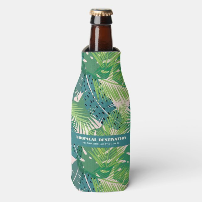Abstract Palm Leaf Pattern custom text Bottle Cooler (Bottle Front)