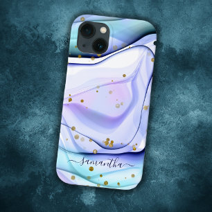Abstract Pastel Blue Marble Glitter Script iPhone 13 Case