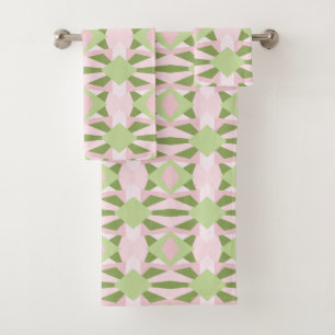 Abstract Pastel Green And Pink Geometric Pattern Bath Towel Set