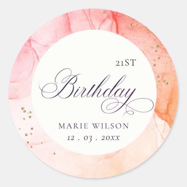 Abstract Pastel Pink Orange Any Age Birthday Classic Round Sticker (Front)
