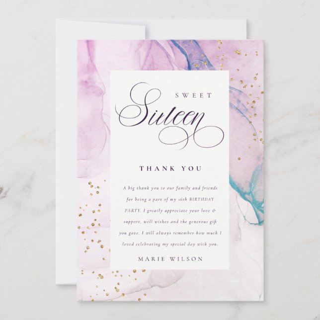 Abstract Pastel Purple Blue Teal Sweet 16 Birthday Thank You Card (Front)