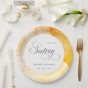 Abstract Pastel Yellow Orange Sweet 16 Birthday Paper Plate