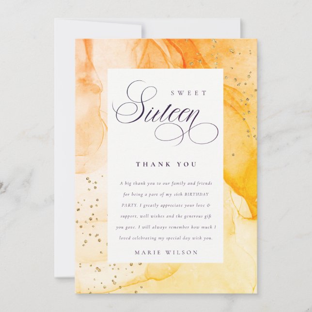 Abstract Pastel Yellow Orange Sweet 16 Birthday Thank You Card (Front)