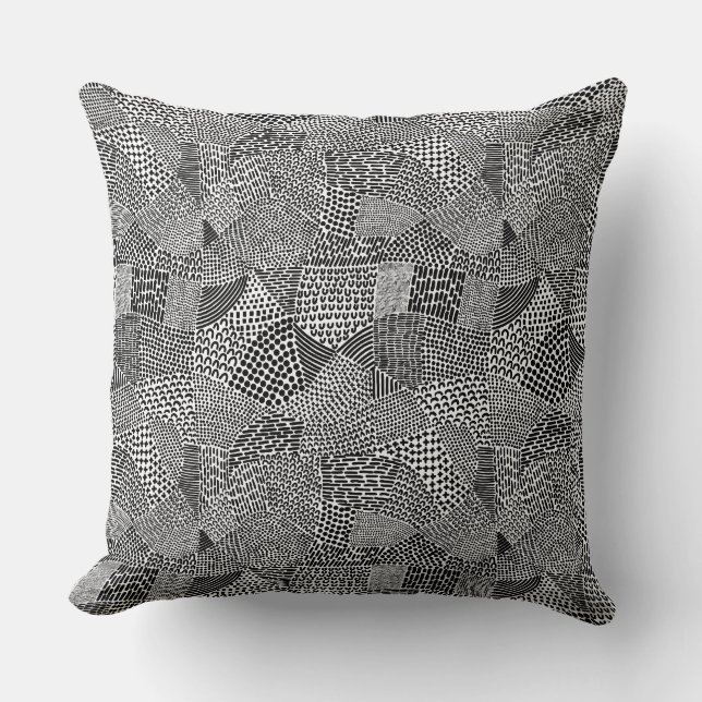 Abstract Patchwork Map - Black on White Cushion (Front)