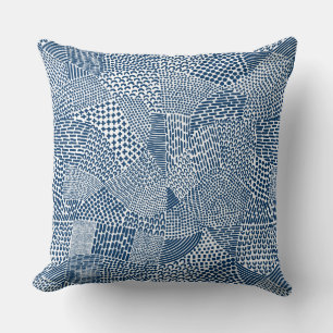Abstract Patchwork Map - Indigo Dye Blue on White Cushion