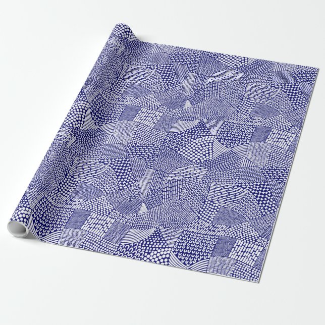 Abstract Patchwork Map - White on Deep Navy Blue Wrapping Paper (Unrolled)