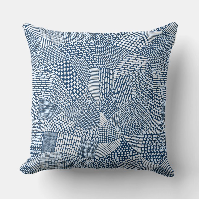Abstract Patchwork Map - White on Indigo Dye Blue Cushion (Front)