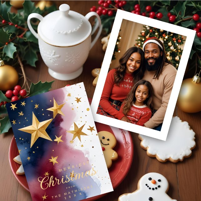 Abstract Patriotic Blue Red & White Stars Elegant  Holiday Card (Abstract Patriotic Blue Red & White Stars Elegant Christmas Holiday Cards with Custom Photo.)