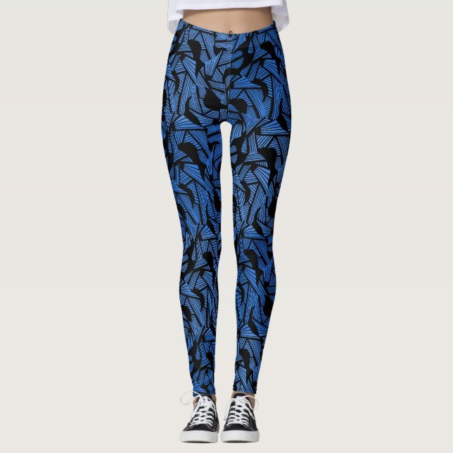 Abstract pattern 2 tones Blue.b Black BG Leggings (Front)