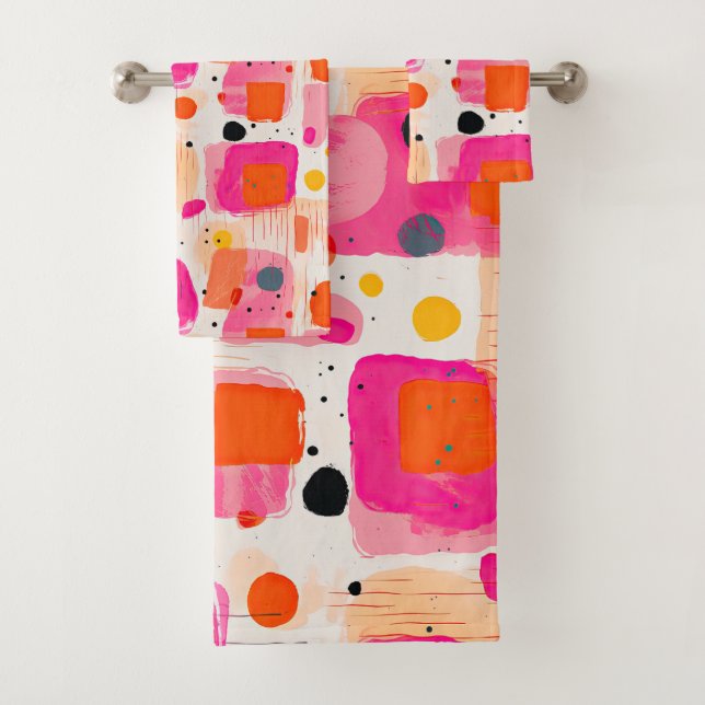 Abstract Pattern of Pink Colour Blocks Mid Century Bath Towel Set (Insitu)