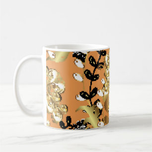 abstract pattern on orange yellow background with coffee mug