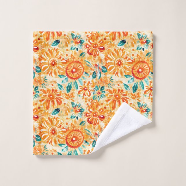 Abstract Pattern Sunny Orange Shower Curtain Bath Towel Set (Wash Cloth)