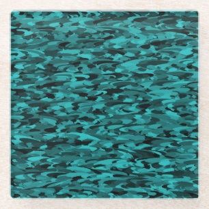 Abstract Pattern Teal Black Glass Coaster