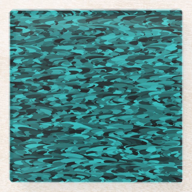 Abstract Pattern Teal Black Glass Coaster (Front)