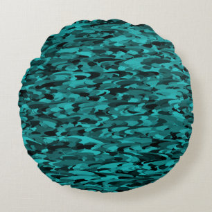 Abstract Pattern Teal Black Round Cushion
