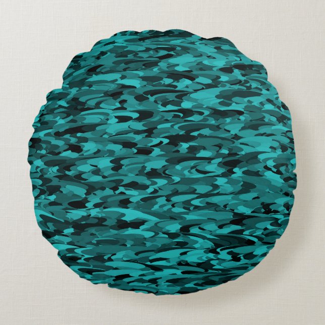 Abstract Pattern Teal Black Round Cushion (Front)