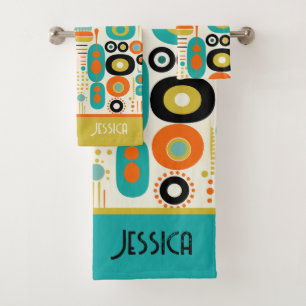 Abstract Pattern Vibrant Mid Century Modern Name  Bath Towel Set