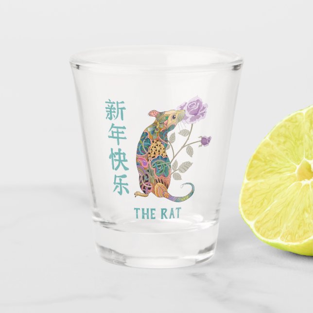Abstract Pattern Year of the Rat with Rose Shot Glass (Front)