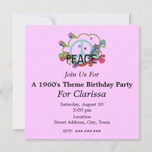 Abstract Peace Sign Stars Scrolls Birthday Invitation