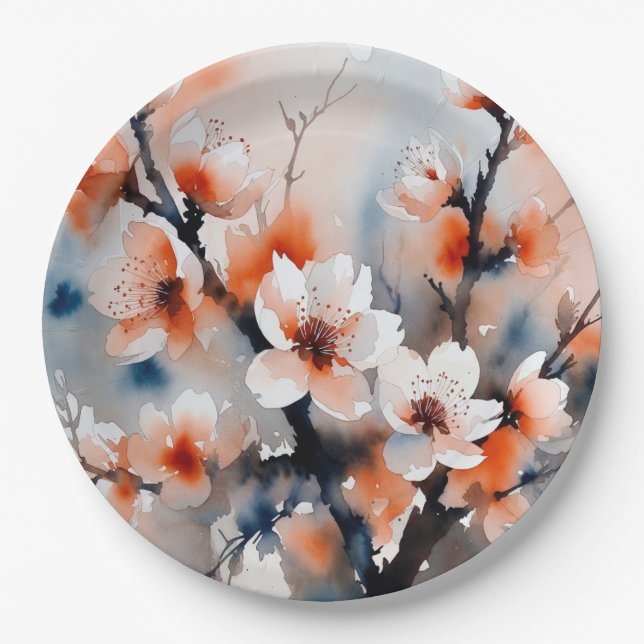 Abstract Peach Blossom Spring Paper Plates (Front)