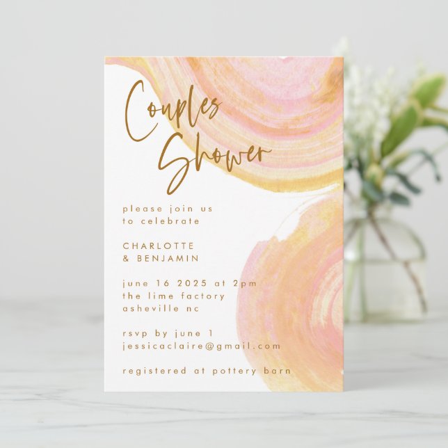 Abstract Peach Pink Paint Swirl Couples Shower  Invitation (Standing Front)