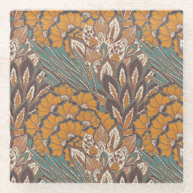 Abstract Peacock Feather Pattern Glass Coaster (Front)