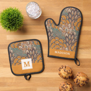 Abstract Peacock Feather Pattern Oven Mitt & Pot Holder Set