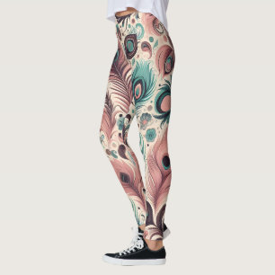 Abstract Peacock Feather Pattern Pink Turquoise  Leggings