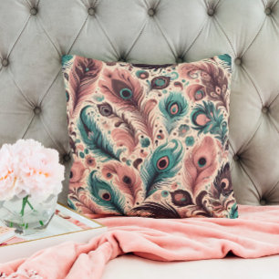 Abstract peacock feathers flower pink turquoise  cushion