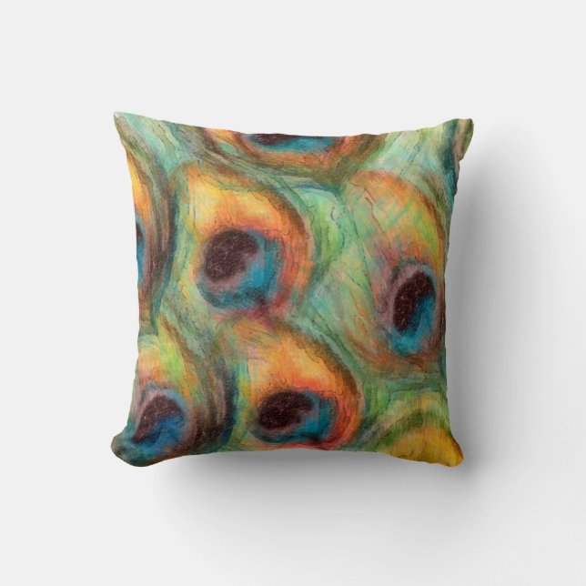 Abstract Peacock Feathers in Blue and Green Orange Cushion (Front)