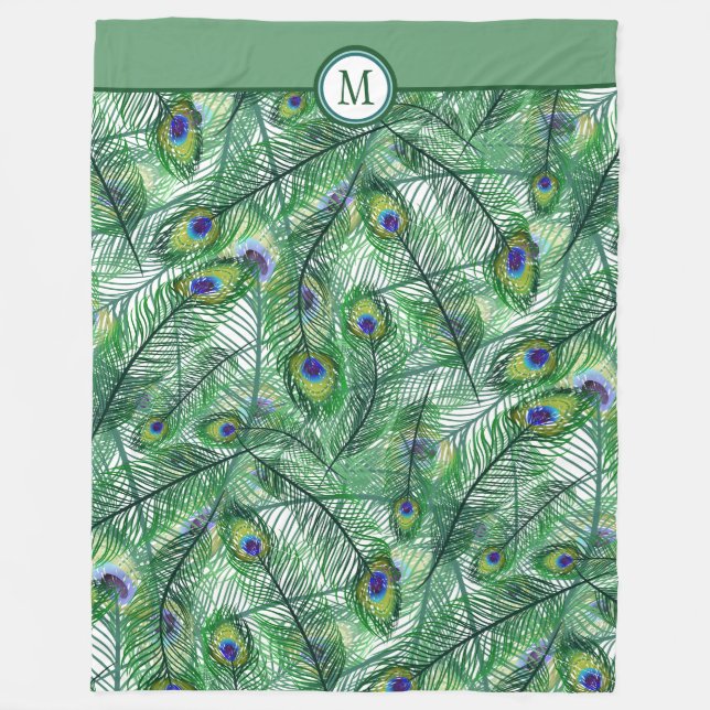Abstract Peacock Feathers Pattern Monogram Fleece Blanket (Front)