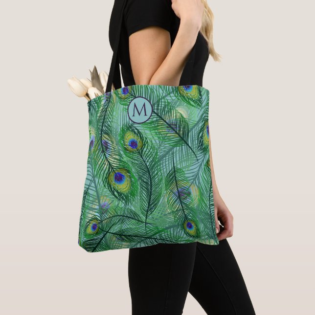Abstract Peacock Feathers Pattern Monogram Tote Bag (Close Up)