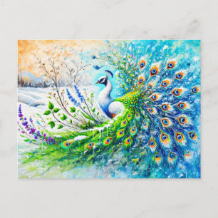 Abstract Peacock in Spring with Snow and Flower Postcard