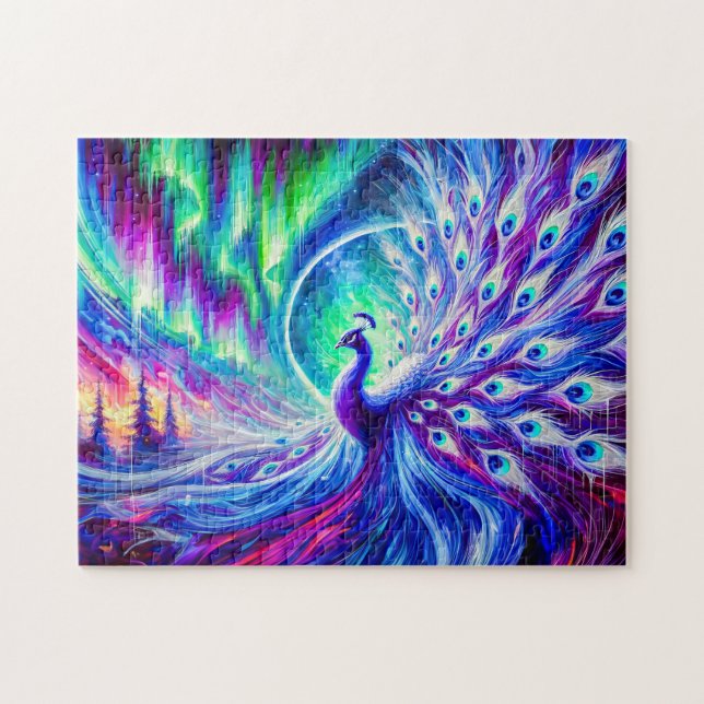 Abstract Peacock in Winter with Northern Lights Jigsaw Puzzle (Horizontal)