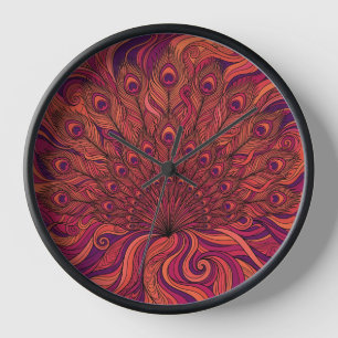 Abstract Peacock Sunset Orange Fan Art Clocks