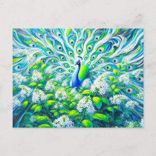 Abstract Peacock with Bird Cherry Blossoms Paint Postcard