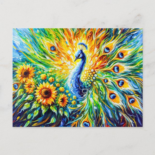 Abstract Peacock with Sunflowers in Painting Postcard (Front)