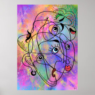 Abstract People Face Moods - Cubism Style Drawing  Poster